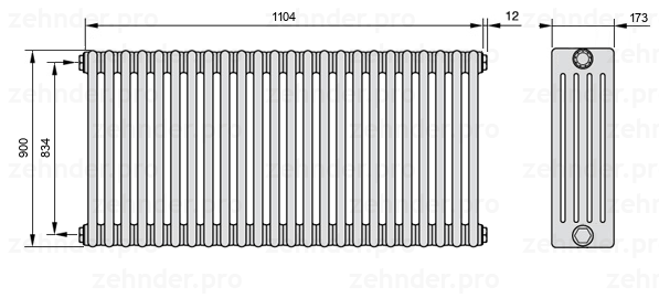 Схема (чертеж) Радиатор Zehnder Charleston 5090/24 №1270 Белый глянцевый RAL 9016
